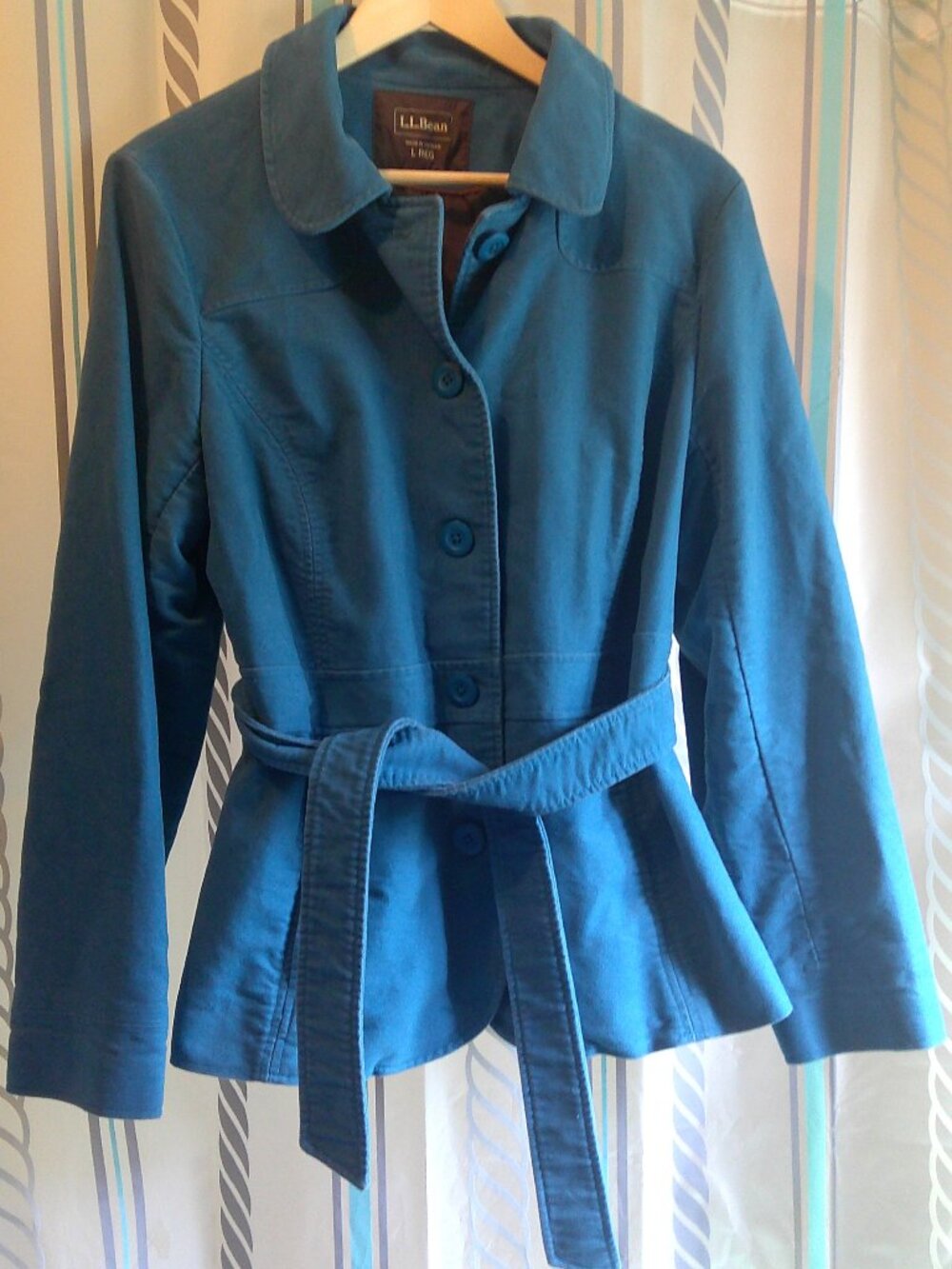 "L.L.BEAN" True Teal Button-Front Faux-Suede Tie-Belt Lined COAT Woman Sz L